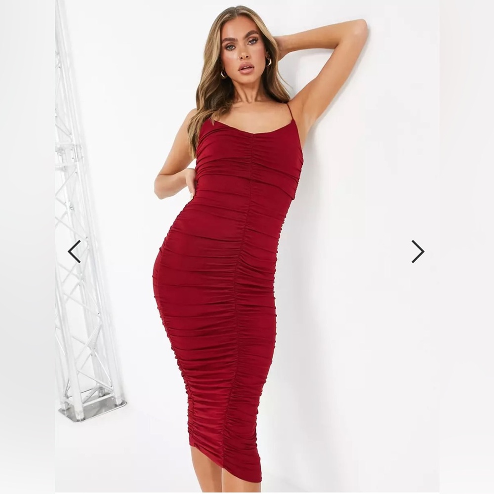 ASOS DESIGN cami strappy midi dress with ruched detail in red